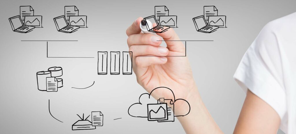 Woman trying to draw a better solution architecture diagram on whiteboard