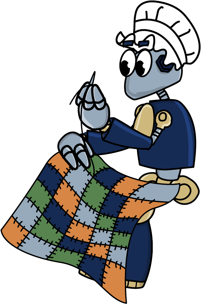 Robot sewing a quilt for the Patchwork Quilt Solution Architecture Anti-pattern.