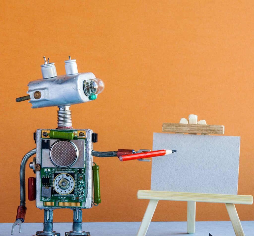 Robot drawing on a blank flipchart